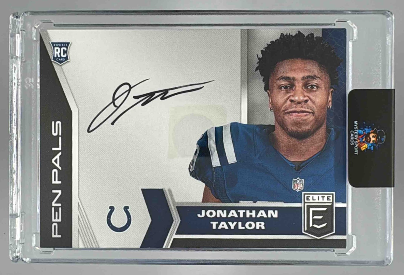 Card image for 2020 Panini Donruss Elite Jonathan Taylor Pen Pals #PP17 RC Auto Colts