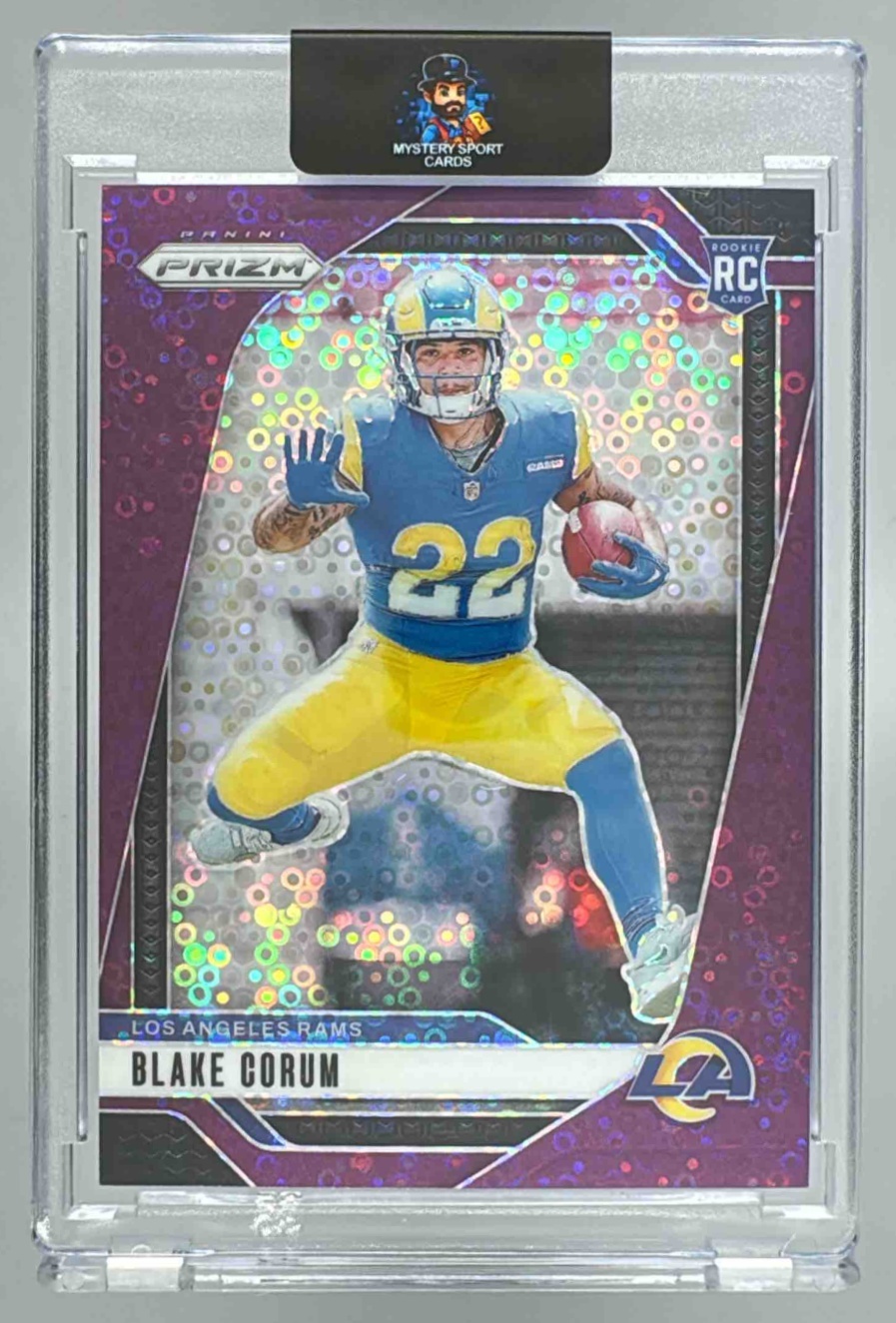 Card image for 2024 Panini Prizm Blake Corum No Huddle Purple /49 #308 RC Rams