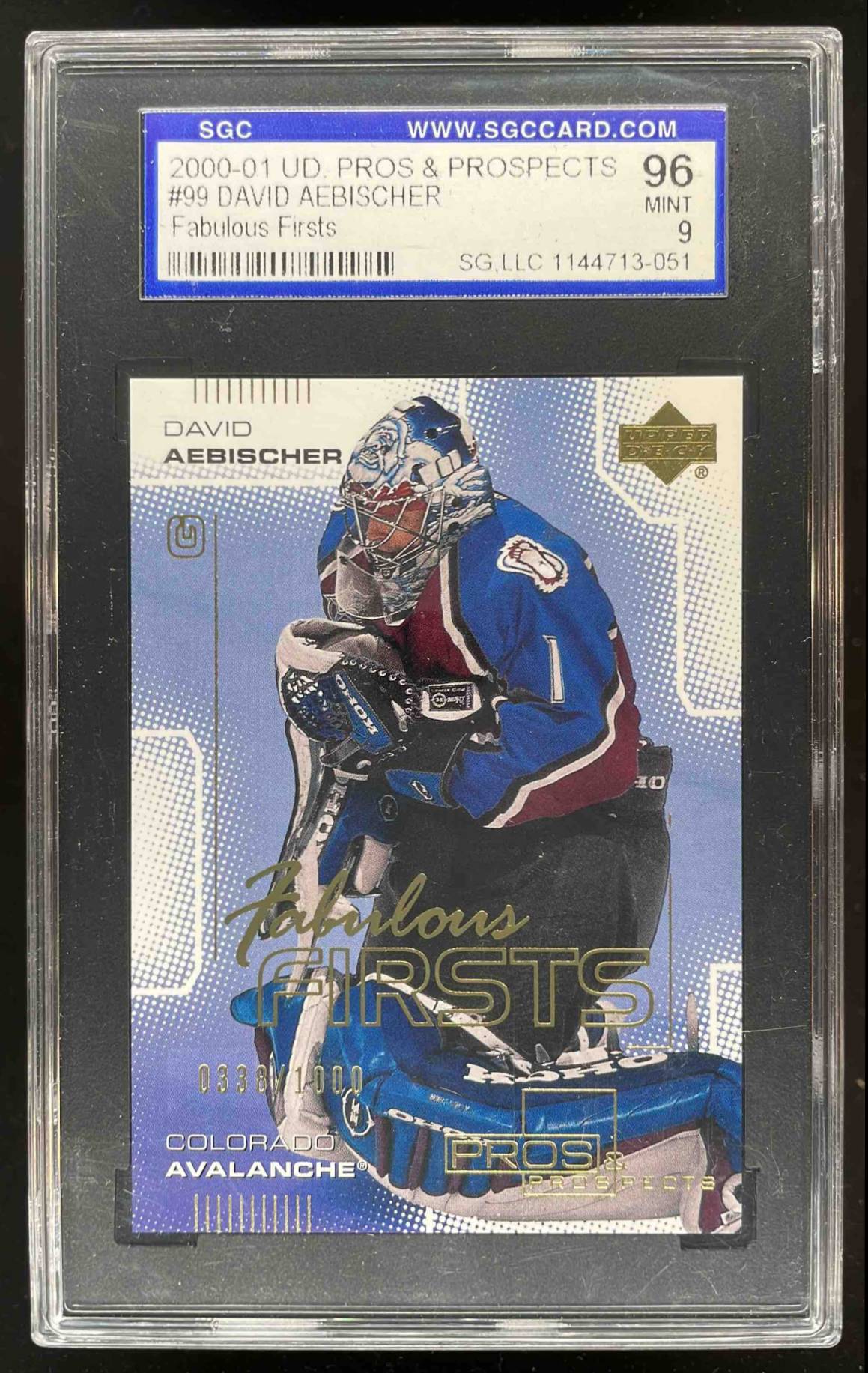 Card image for 2000-01 Upper Deck Pros & Prospects David Aebischer /1000 #99 RC SGC 9 Rookie