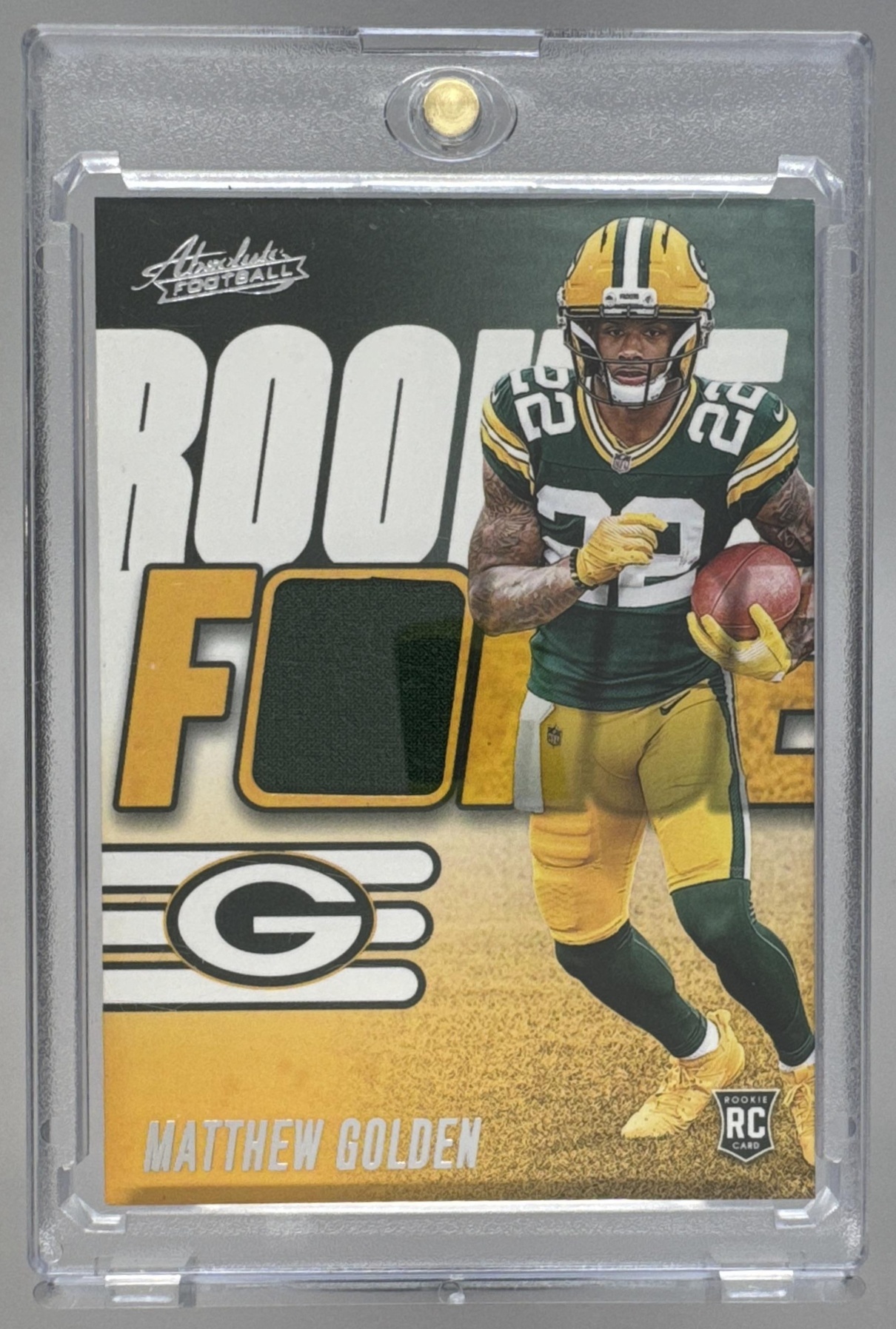 Card image for 2025 Panini Absolute Matthew Golden Rookie Force #RF-MGN MEM RC Packers
