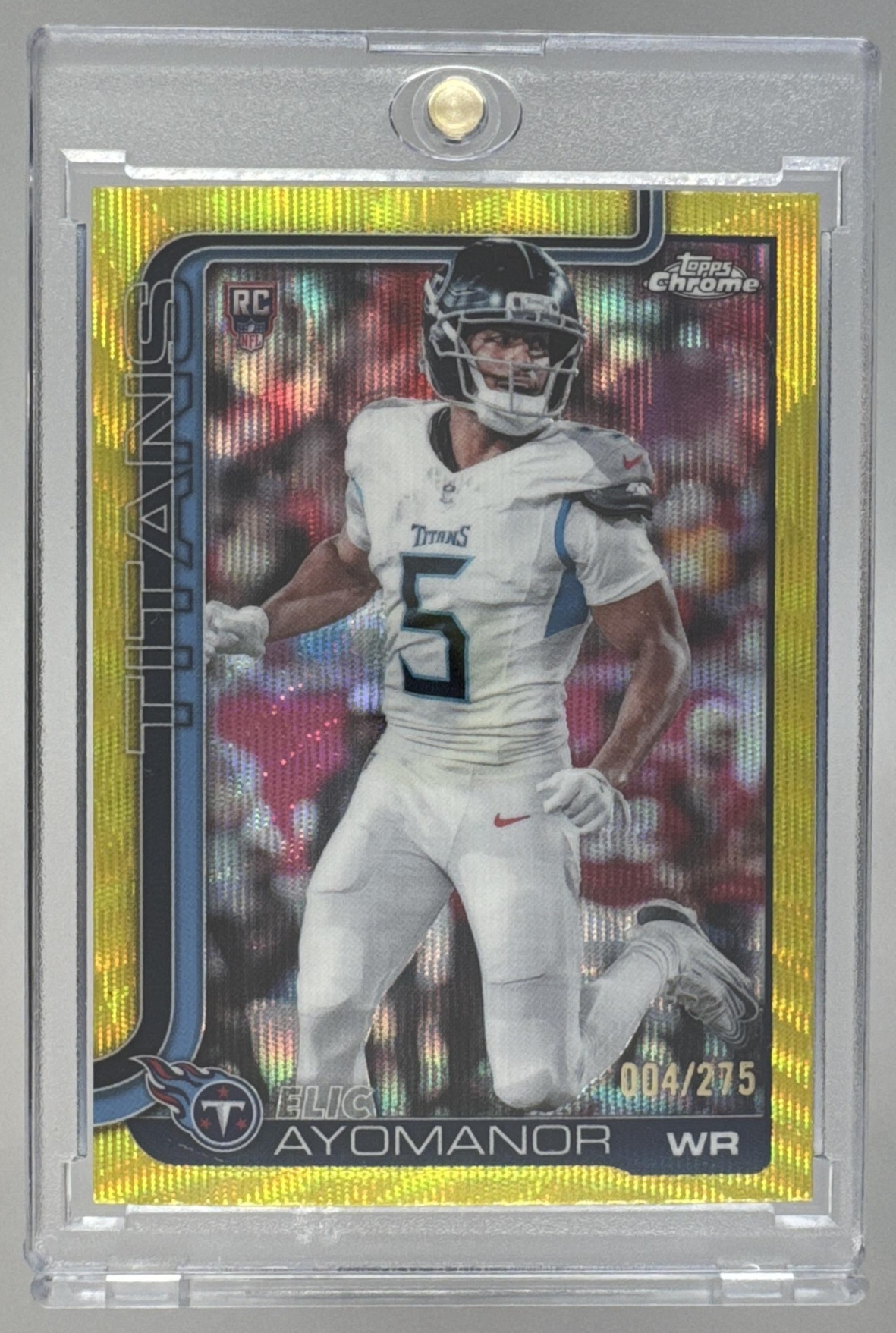 Card image for 2025 Topps Chrome Elic Ayomanor Rookie Yellow Wave Refractor /275 #336 RC Titans