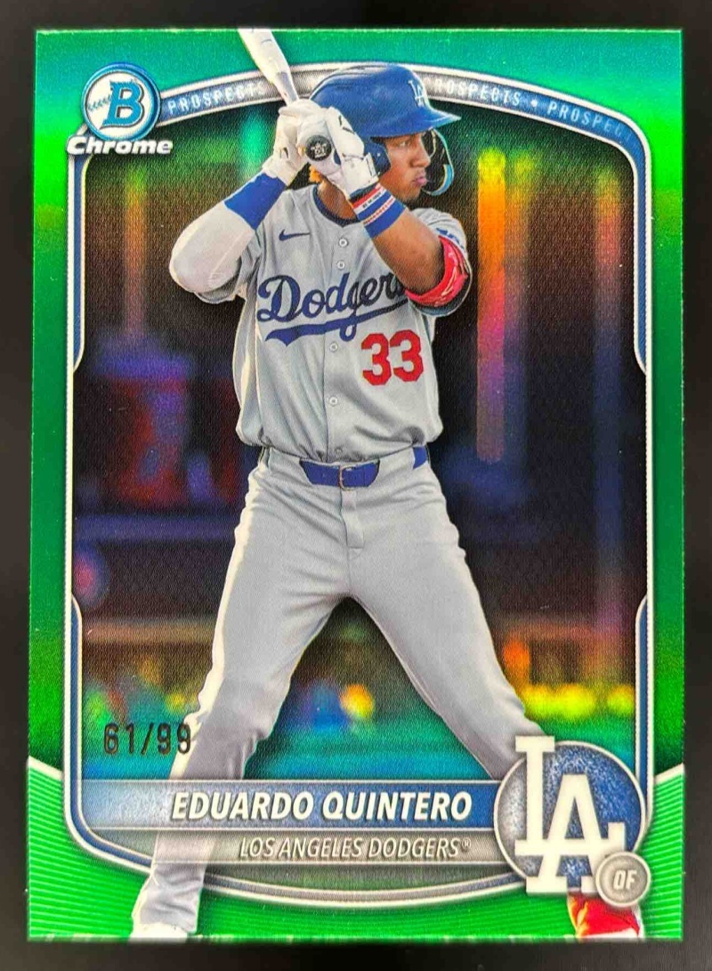 Card image for 2025 Bowman Draft Eduardo Quintero Chrome Green Refractor /99 #BDC-111 Dodgers