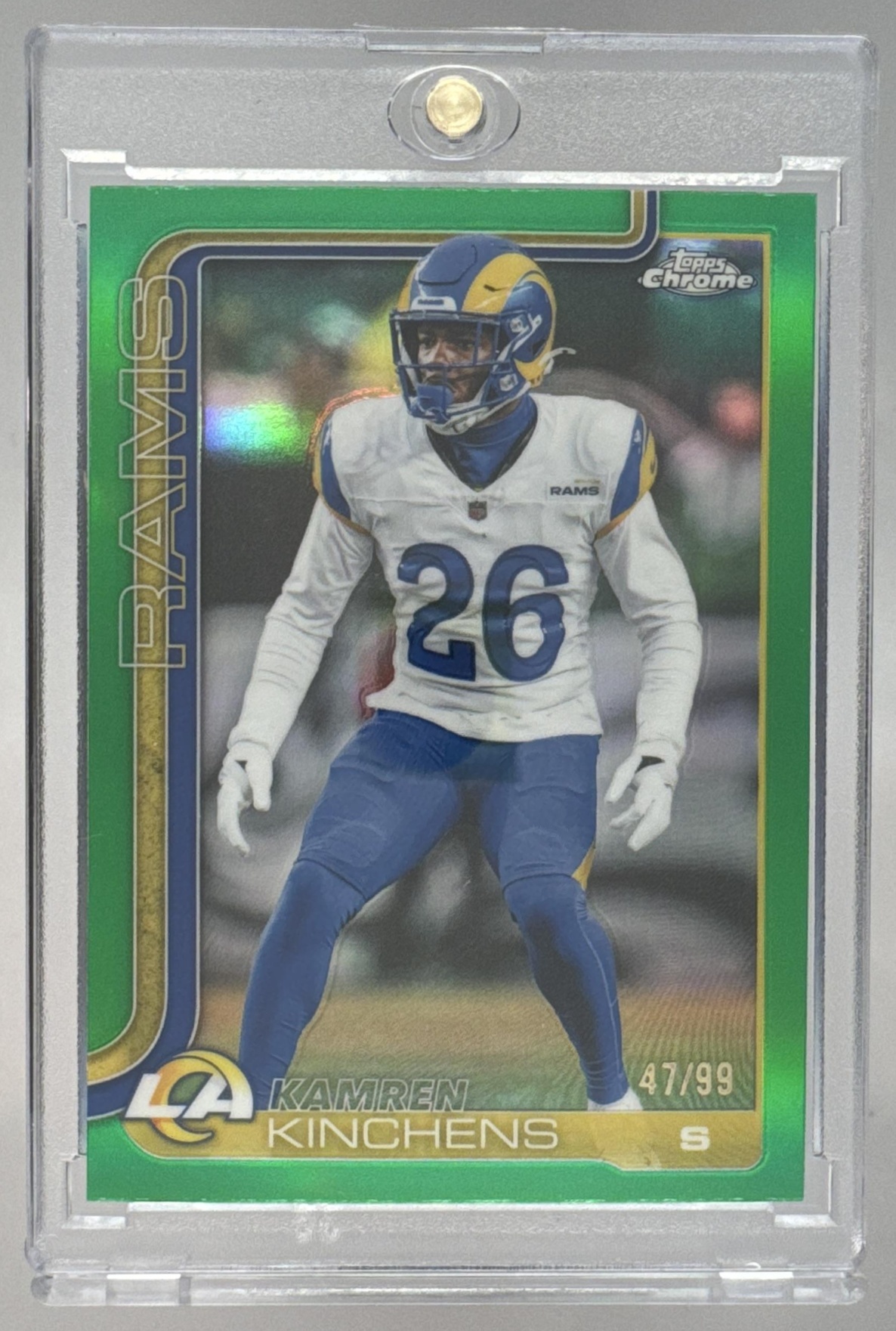 Card image for 2025 Topps Chrome Kamren Kinchens Football Leather Green Refractor /99 #174 Rams
