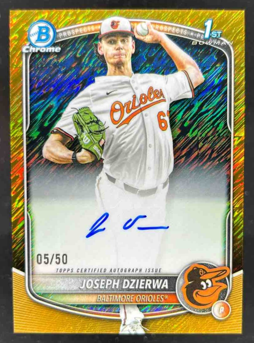 Card image for Joseph Dzierwa 2025 Bowman Draft Chrome Prospect Auto Gold Shimmer Refractor /50