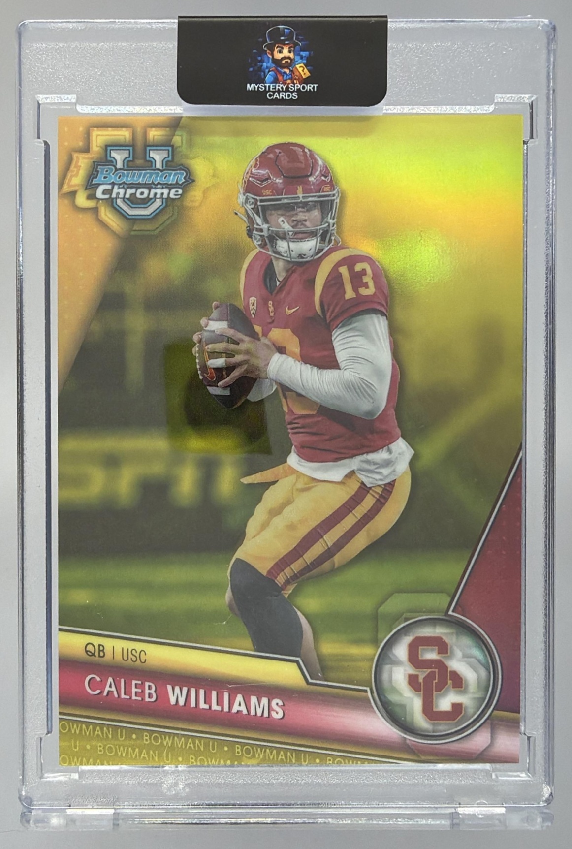 Card image for 2023 Bowman University Chrome Caleb Williams Yellow Refractor /75 #1 Trojans