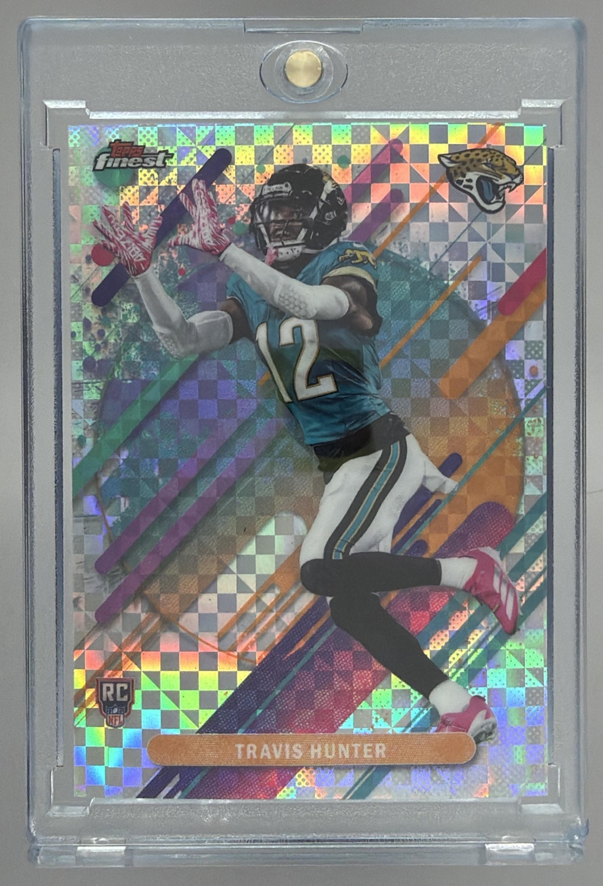 Card image for 2025 Topps Football Finest Travis Hunter Rare #214 RC Jacksonville Jaguars