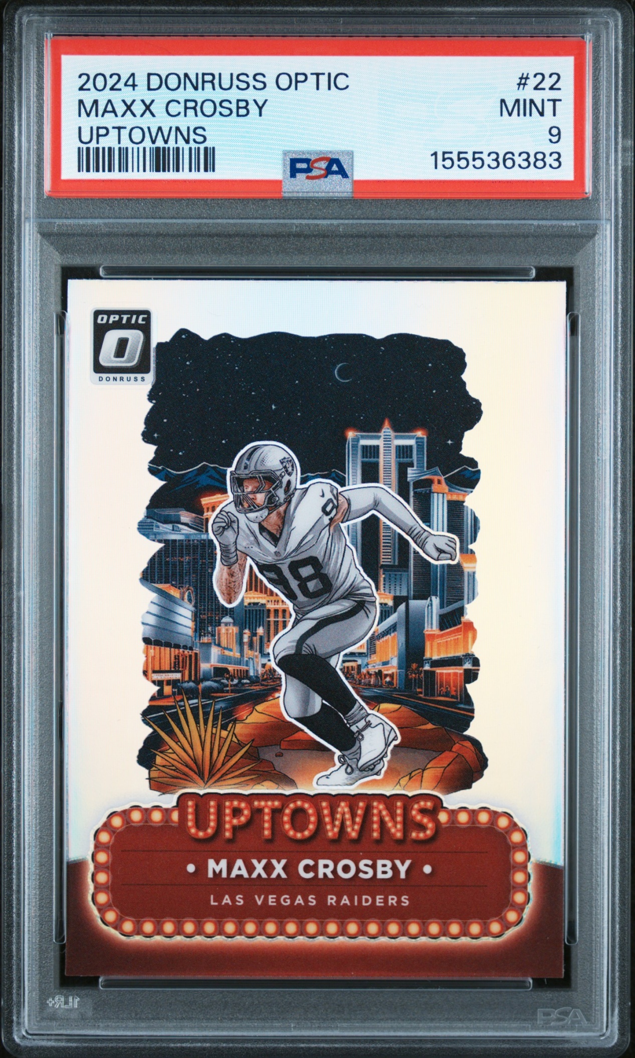 Card image for 2024 Panini Football Donruss Optic Maxx Crosby Uptown #22 SSP Las Vegas Raiders PSA 9