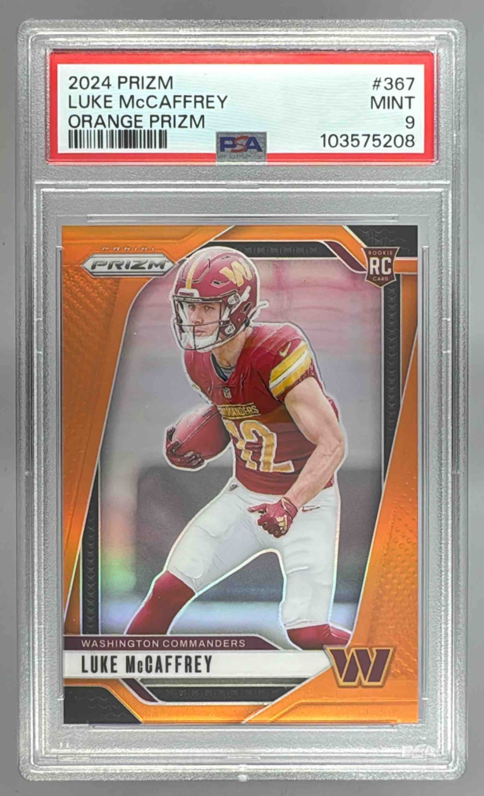Card image for 2024 Panini Prizm Luke McCaffrey Orange /249 #367 RC Commanders