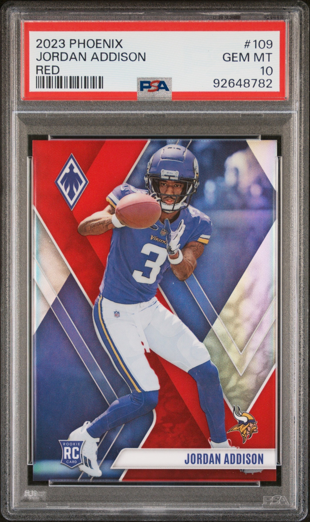 Card image for 2023 Panini Football Phoenix Jordan Addison Red /250 #109 RC Minnesota Vikings