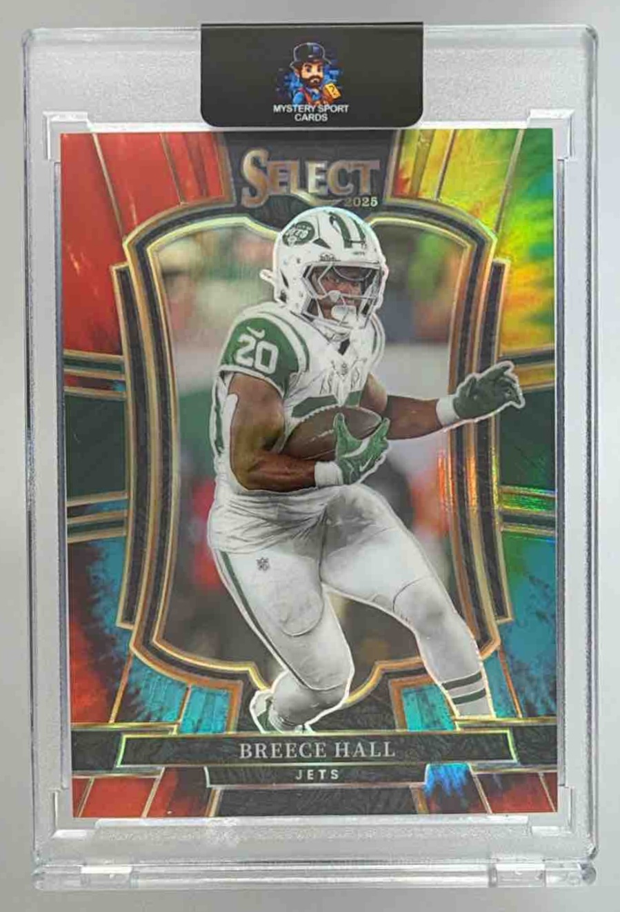 Card image for 2025 Panini Select Breece Hall Premier Level Tie-Dye Prizm Shock /25 #175 Jets