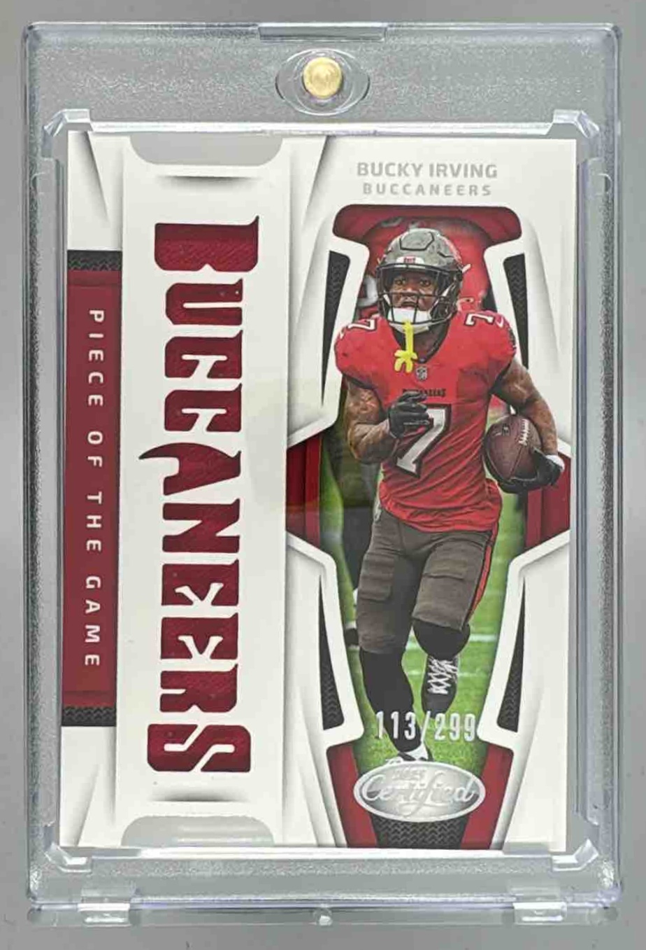 Card image for 2025 Panini Certified Bucky Irving Piece of the Game /299 #POG-BIG MEM Buccaneers