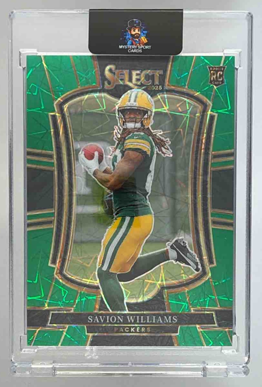 Card image for 2025 Panini Select Savion Williams Premier Level Green Prizm /5 #167 RC Packers