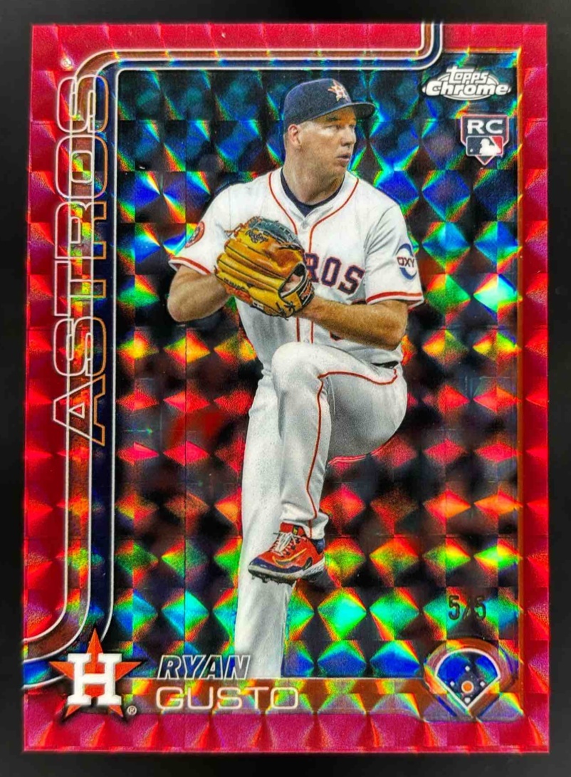 Card image for 2025 Topps Chrome Update Ryan Gusto Red Geometric Refractor /5 #USC107 RC Astros