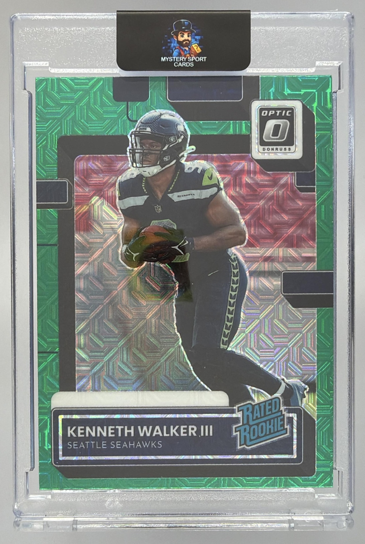 Card image for 2022 Panini Donruss Kenneth Walker III Optic Rated Rookie Preview Green Mojo #P-318 RC Seahawks