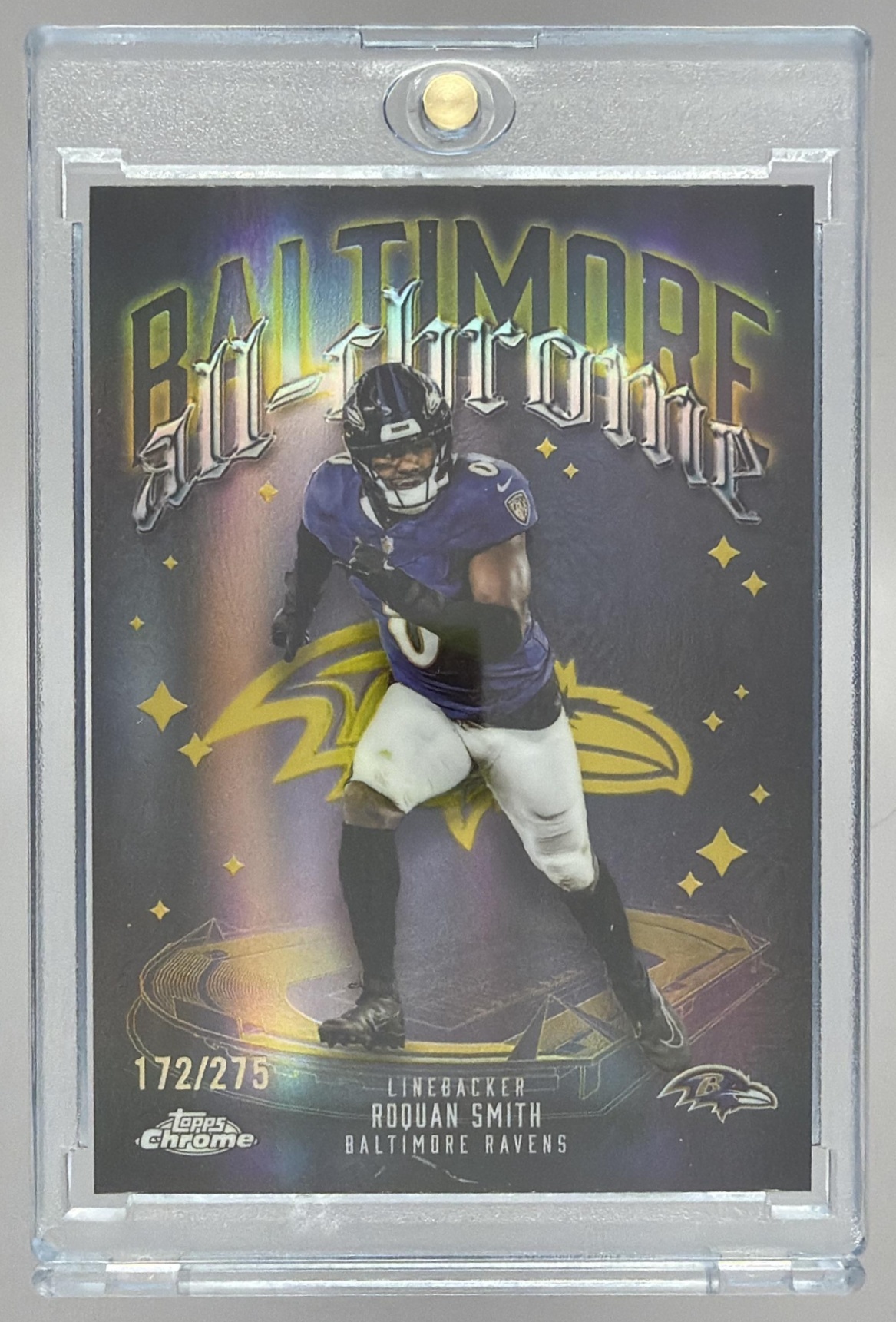 Card image for 2025 Topps Chrome Roquan Smith All Team Yellow Refractor /275 #ACT-21 Ravens