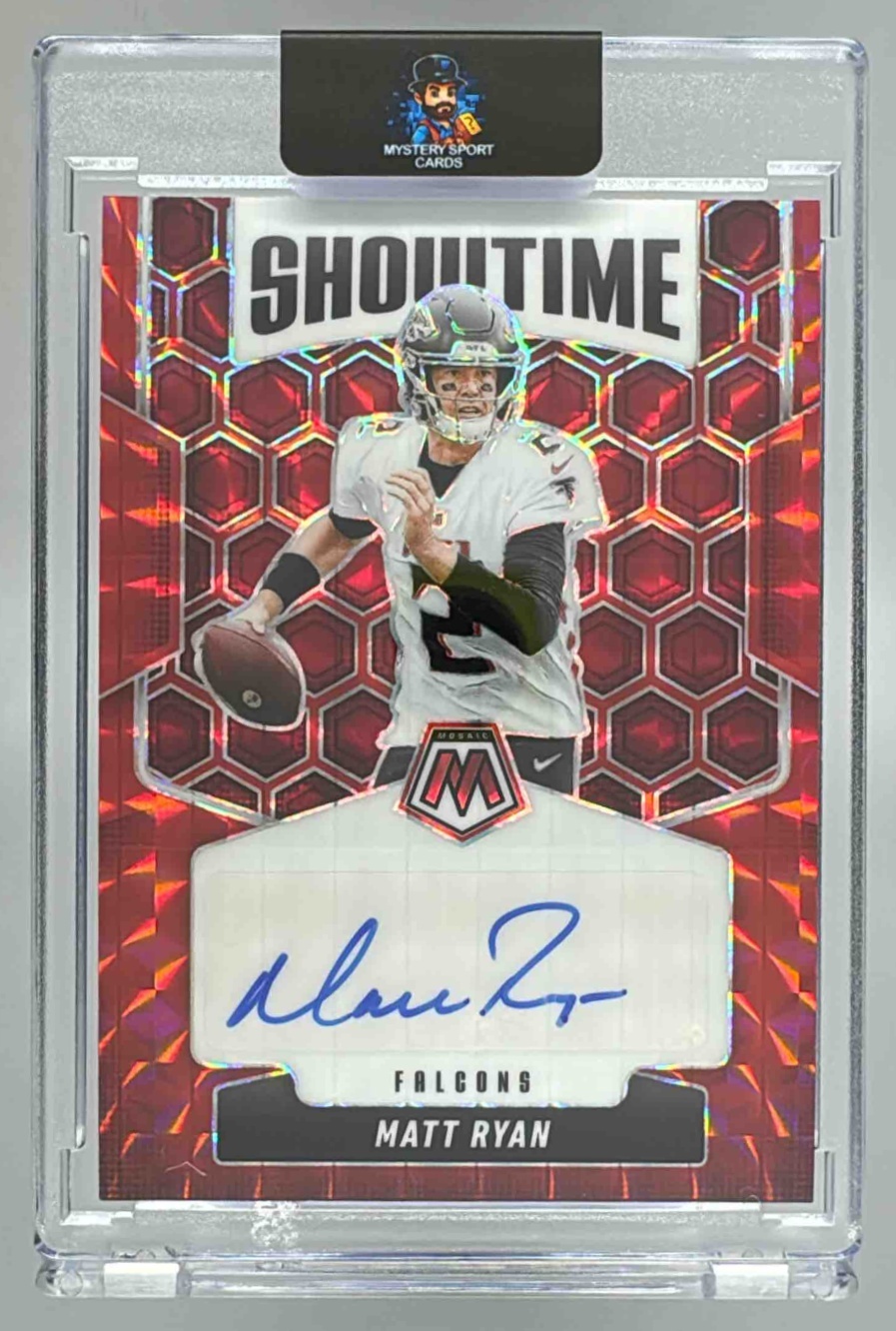 Card image for 2025 Panini Mosaic Matt Ryan Showtime Signatures Red Prizm /199 #SOS-MAT Auto Falcons