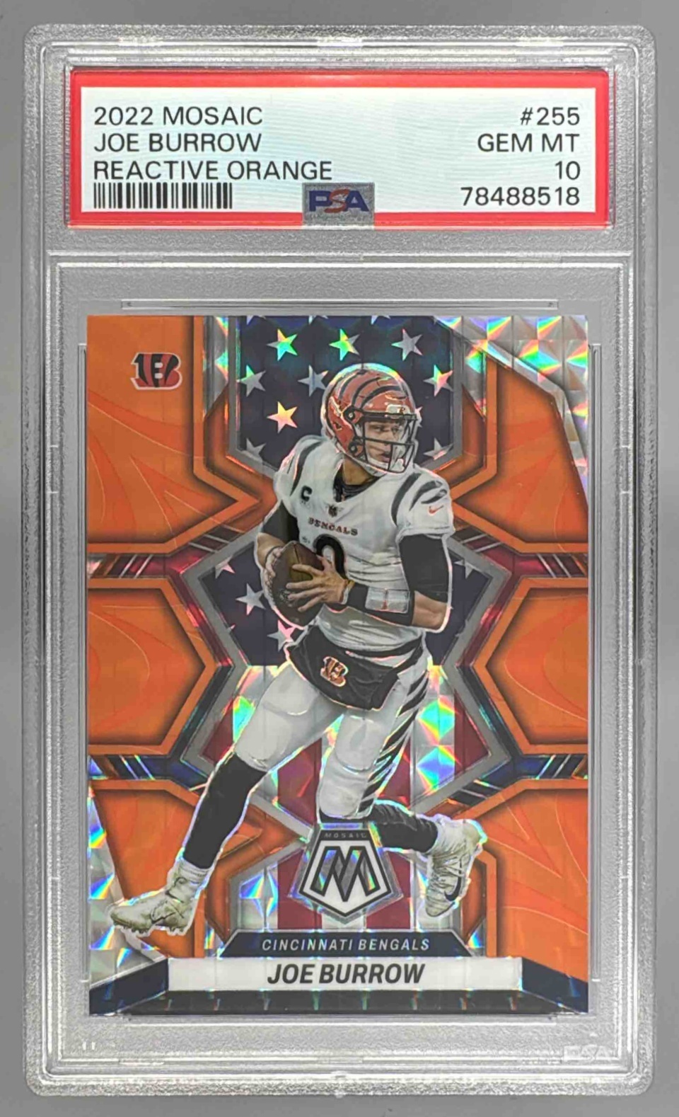 Card image for 2022 Panini Mosaic Joe Burrow Reactive Orange #255 National Pride Bengals