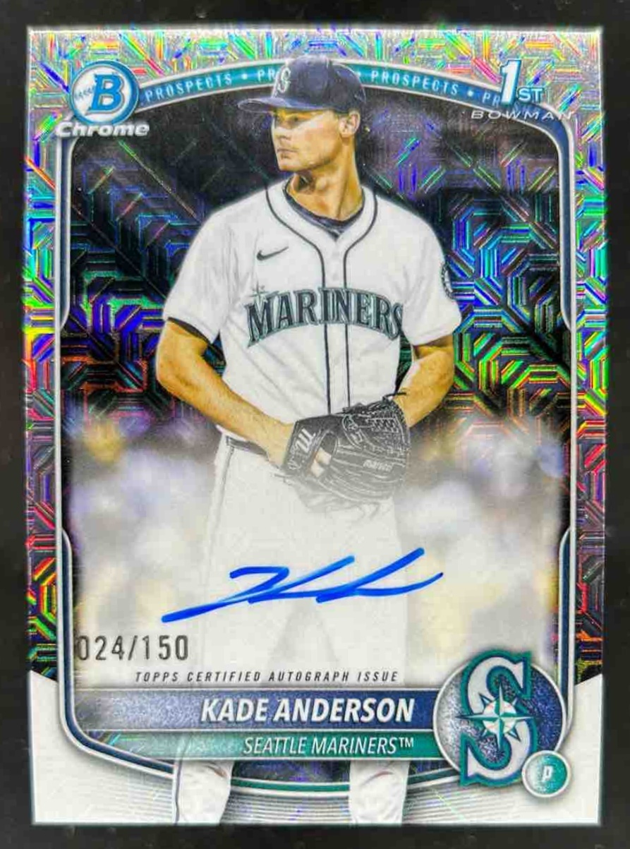 Card image for Kade Anderson 2025 Bowman Draft Chrome Prospect Auto HTA Choice Refractor /150