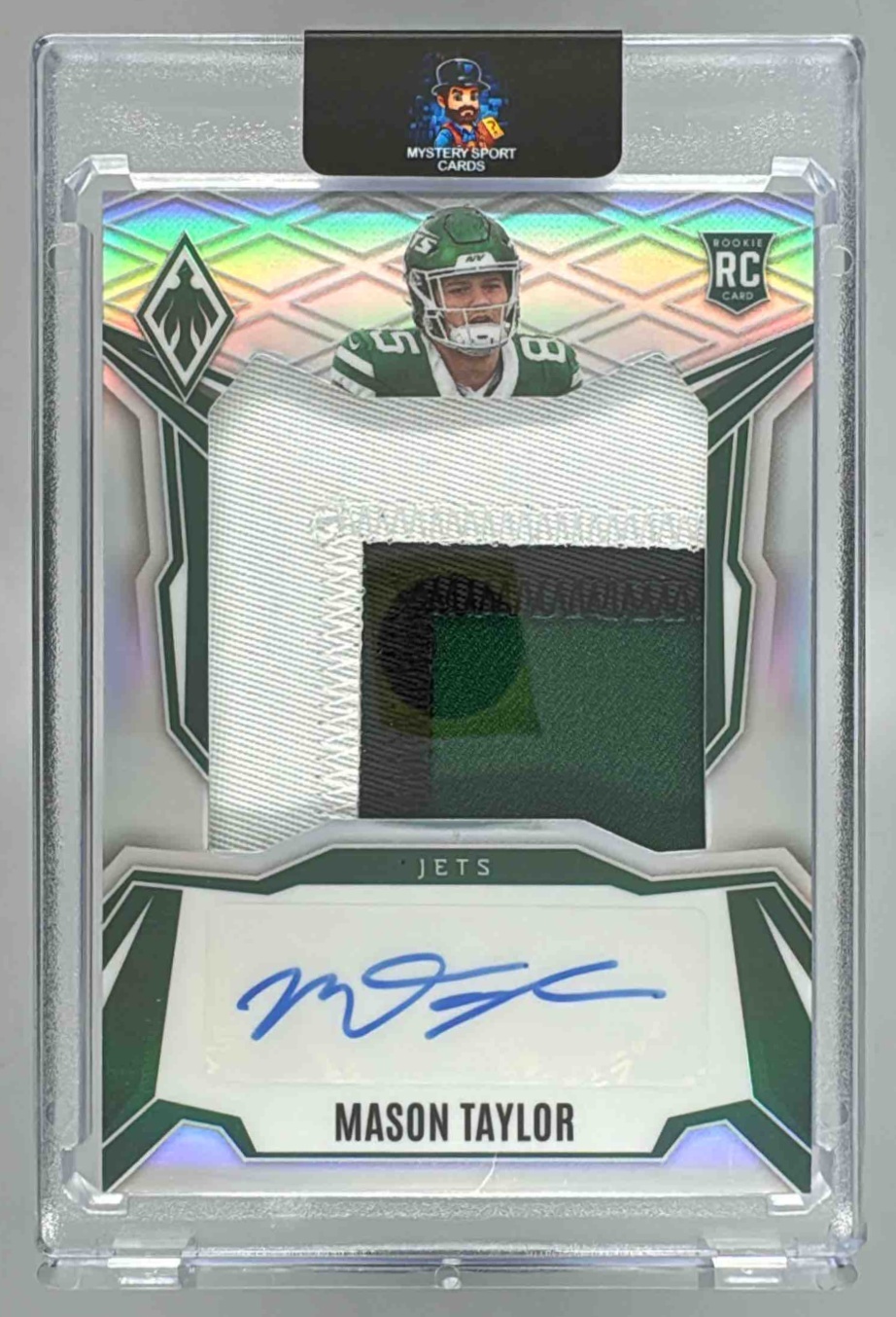 Card image for 2025 Panini Phoenix Mason Taylor RPS Dual Rookie Patch Auto Silver Prizm /149 #DRP-MTR MEM RC Jets