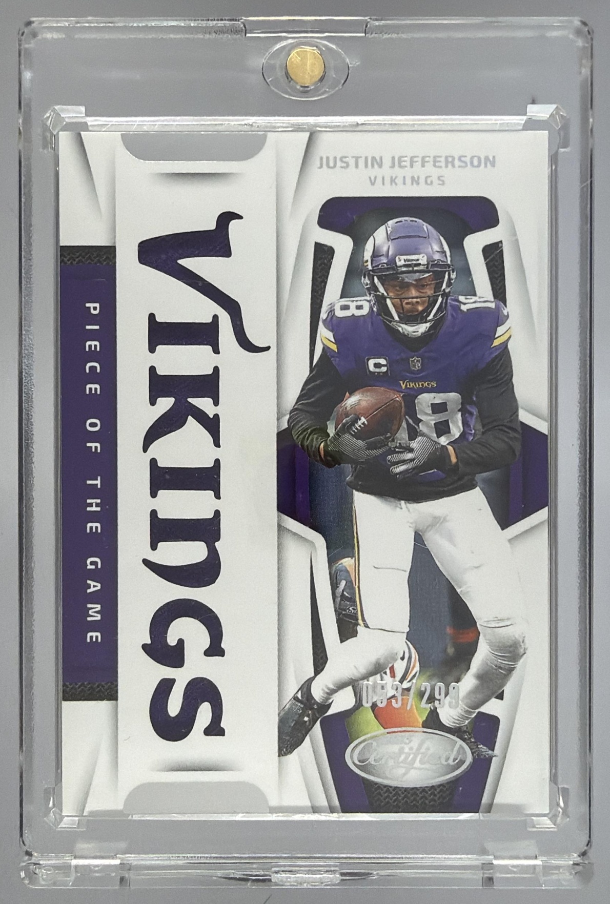 Card image for 2025 Panini Certified Justin Jefferson Piece of the Game /299 #POG-JJN MEM Vikings