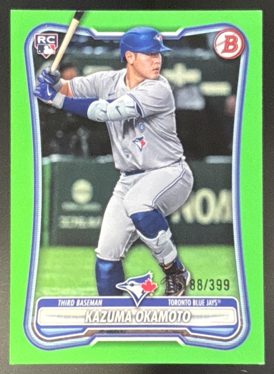 Card image for Kazuma Okamoto 2026 Bowman Neon Green Border /399 Toronto Blue Jays