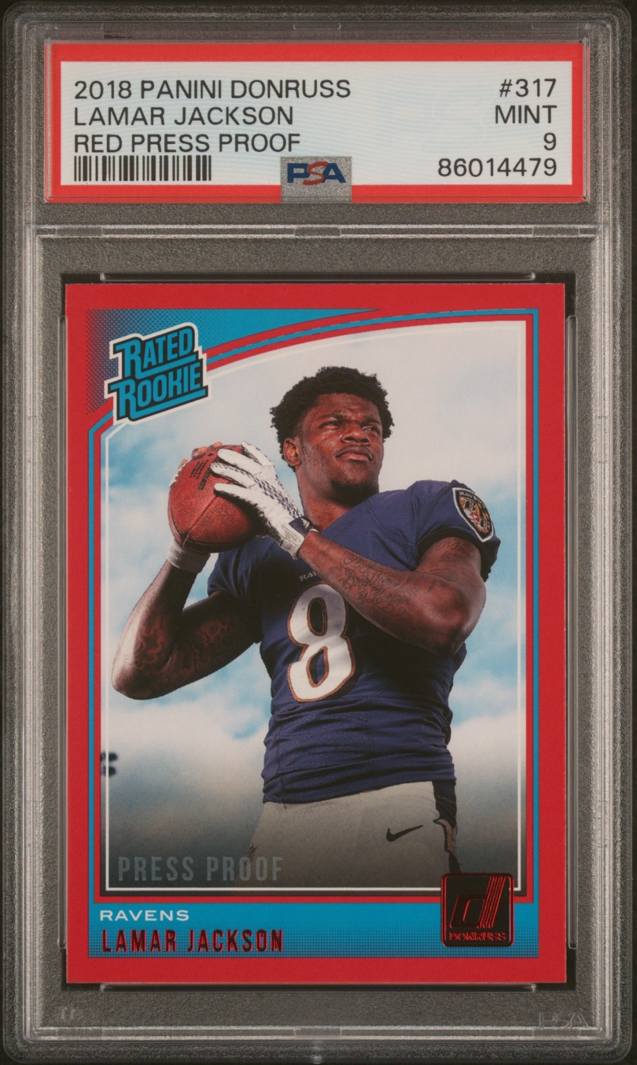 Card image for 2018 Panini Donruss Lamar Jackson Press Proof Red #317 RC Ravens