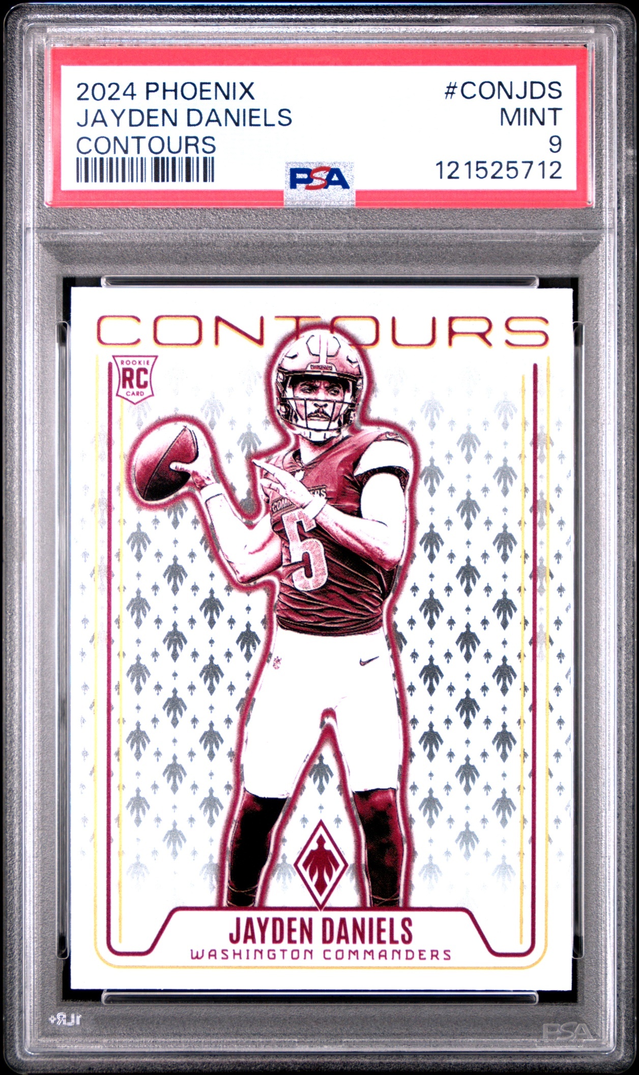 Card image for 2024 Panini Phoenix Jayden Daniels Contours Purple #CON-JDS RC Commanders