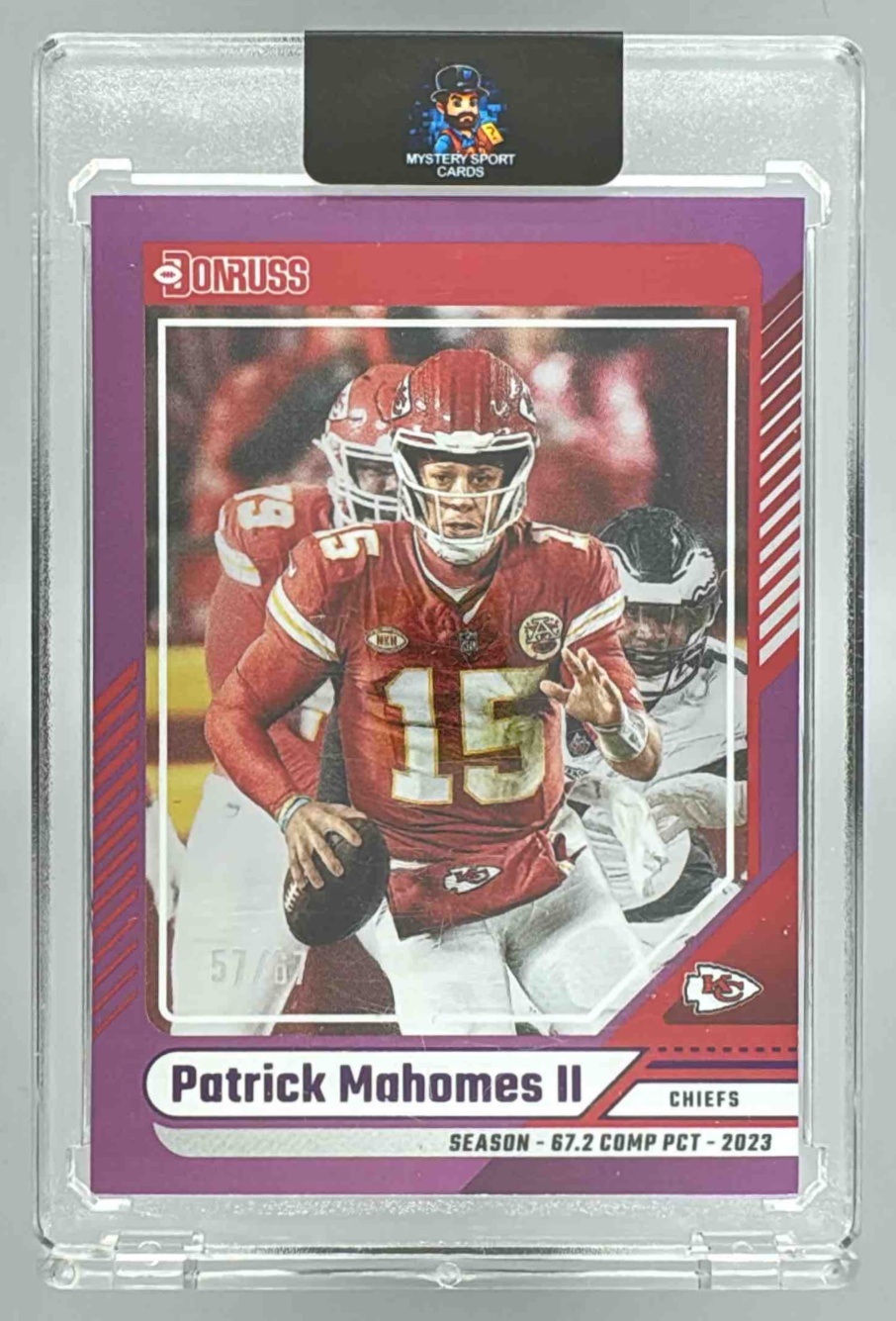 Card image for 2024 Panini Donruss Patrick Mahomes II Press Proof Purple #100 Chiefs