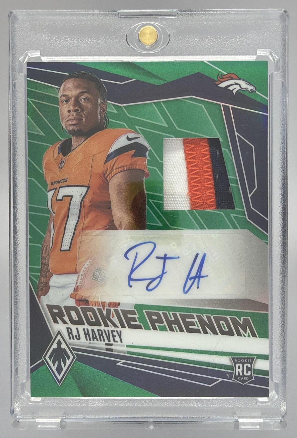 Card image for 2025 Panini Phoenix RJ Harvey Rookie Phenoms Jersey Auto Green Prizm /25 #RPJ-RHY MEM RC Broncos