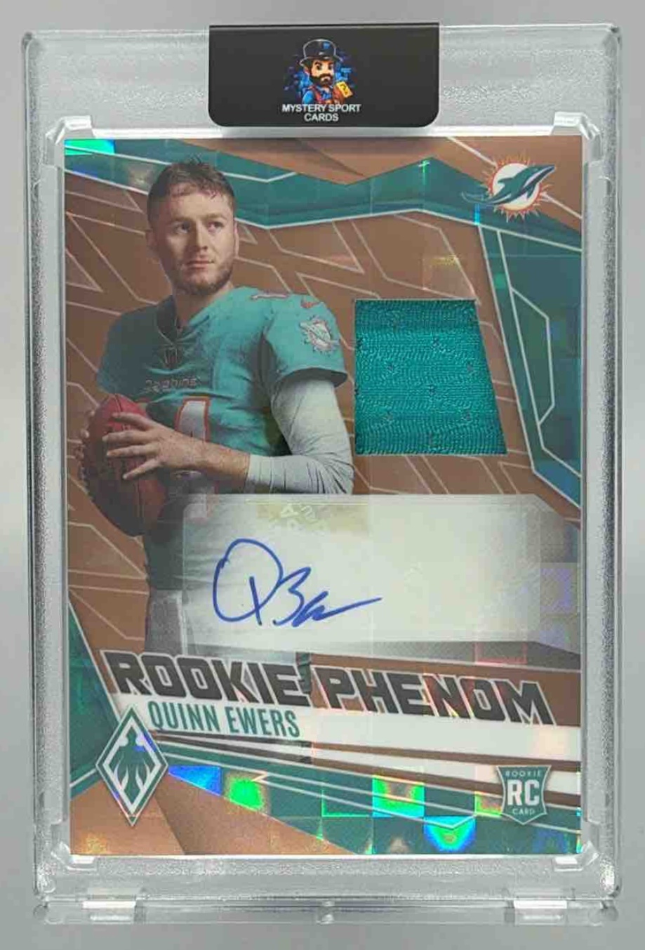 Card image for 2025 Panini Phoenix Quinn Ewers Rookie Phenoms Jersey Auto Bronze Pandora Prizm /199 #RPJ-QES MEM RC Dolphins