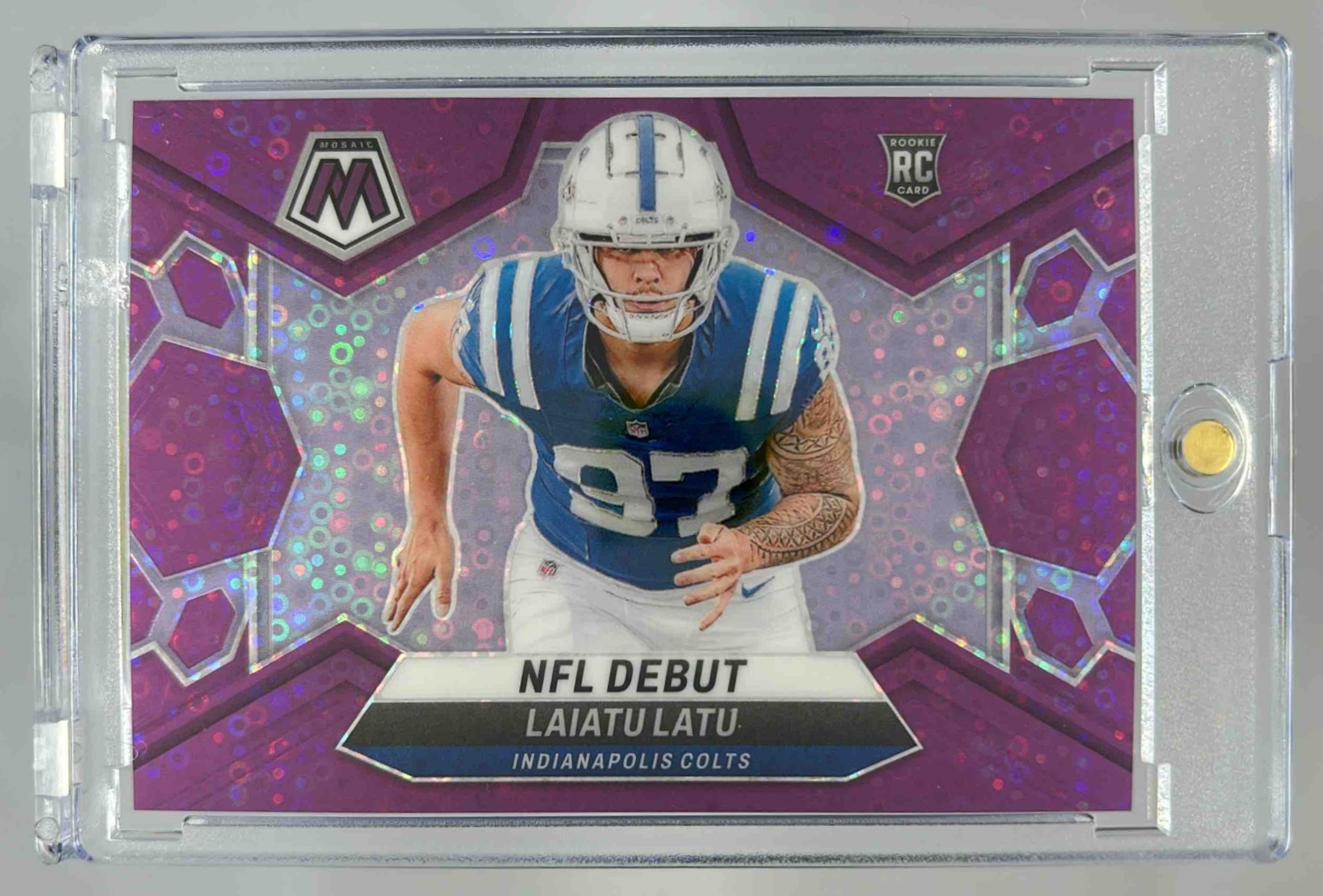 Card image for 2024 Panini Mosaic Laiatu Latu No Huddle Purple Prizm /50 #290 RC NFL Debut Colts