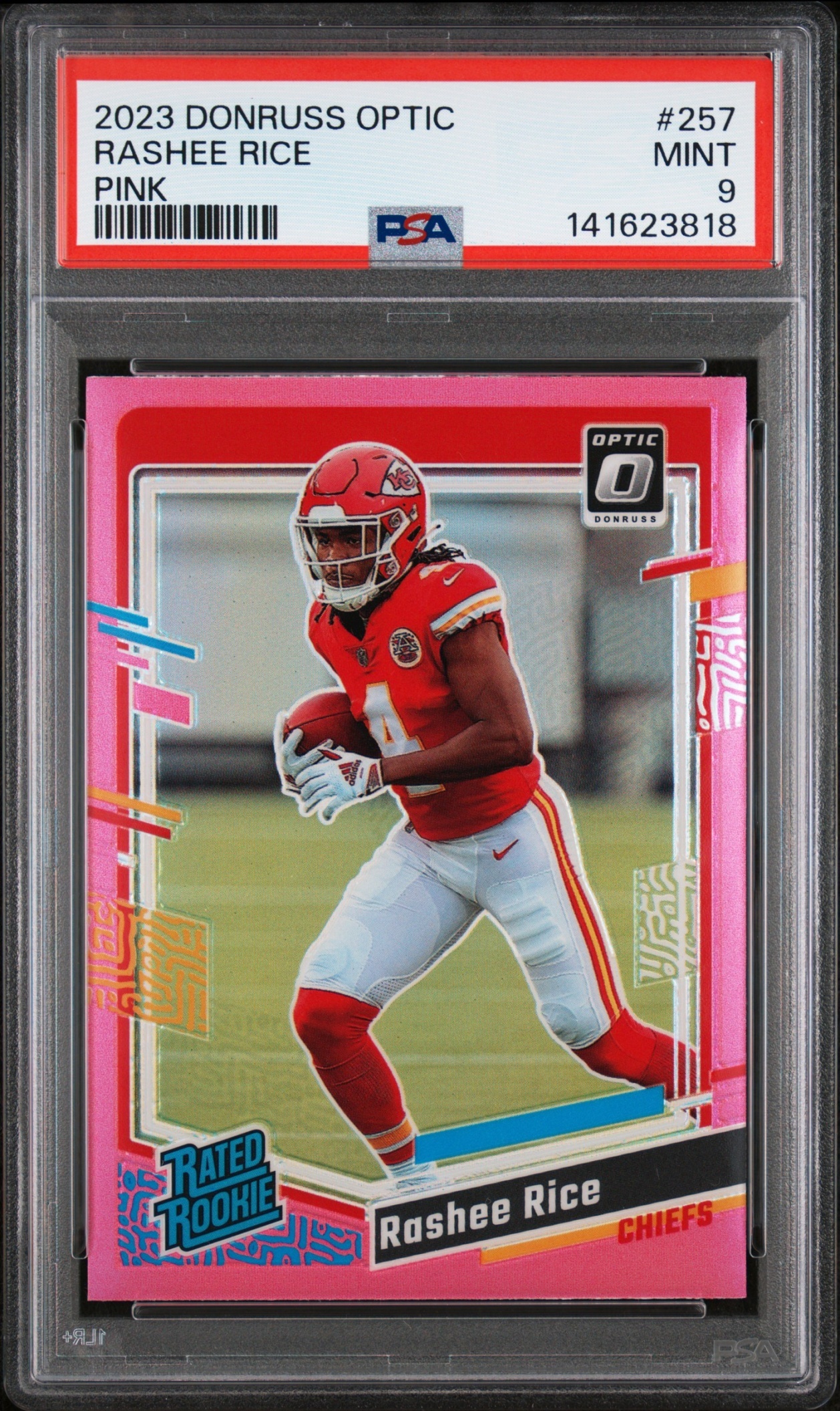 Card image for 2023 Panini Donruss Optic Rashee Rice Pink Prizm #257 RC Rated Rookie Chiefs