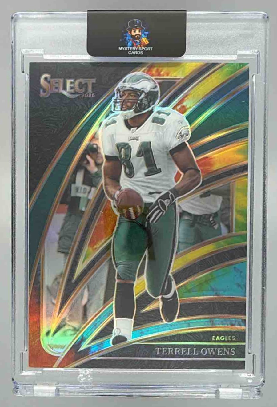 Card image for 2025 Panini Select Terrell Owens Club Level Tie-Dye Shock Prizm /25 #300 Eagles