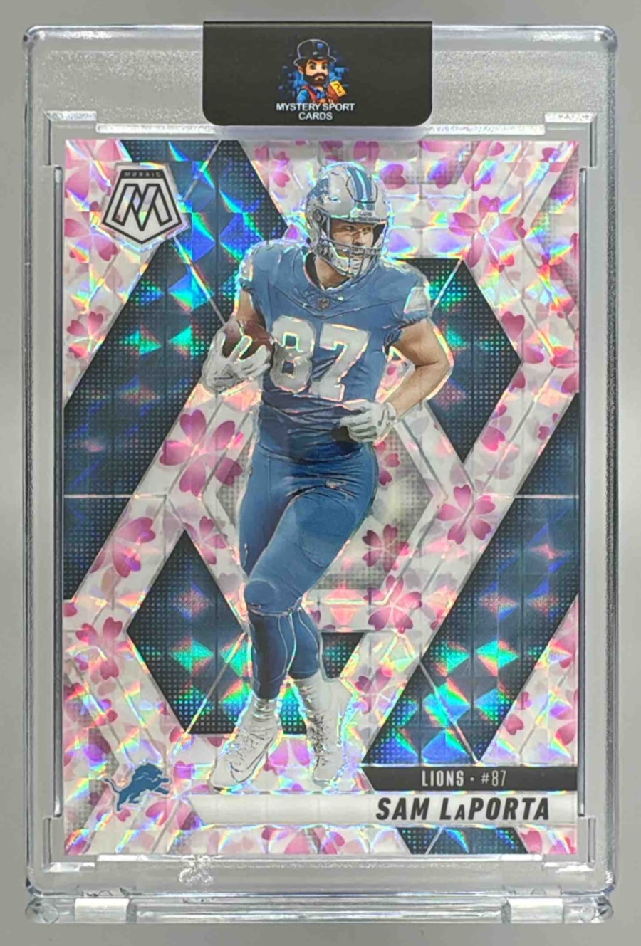 Card image for 2025 Panini Mosaic Sam LaPorta Choice Cherry Blossom Prizm /20 #63 Lions