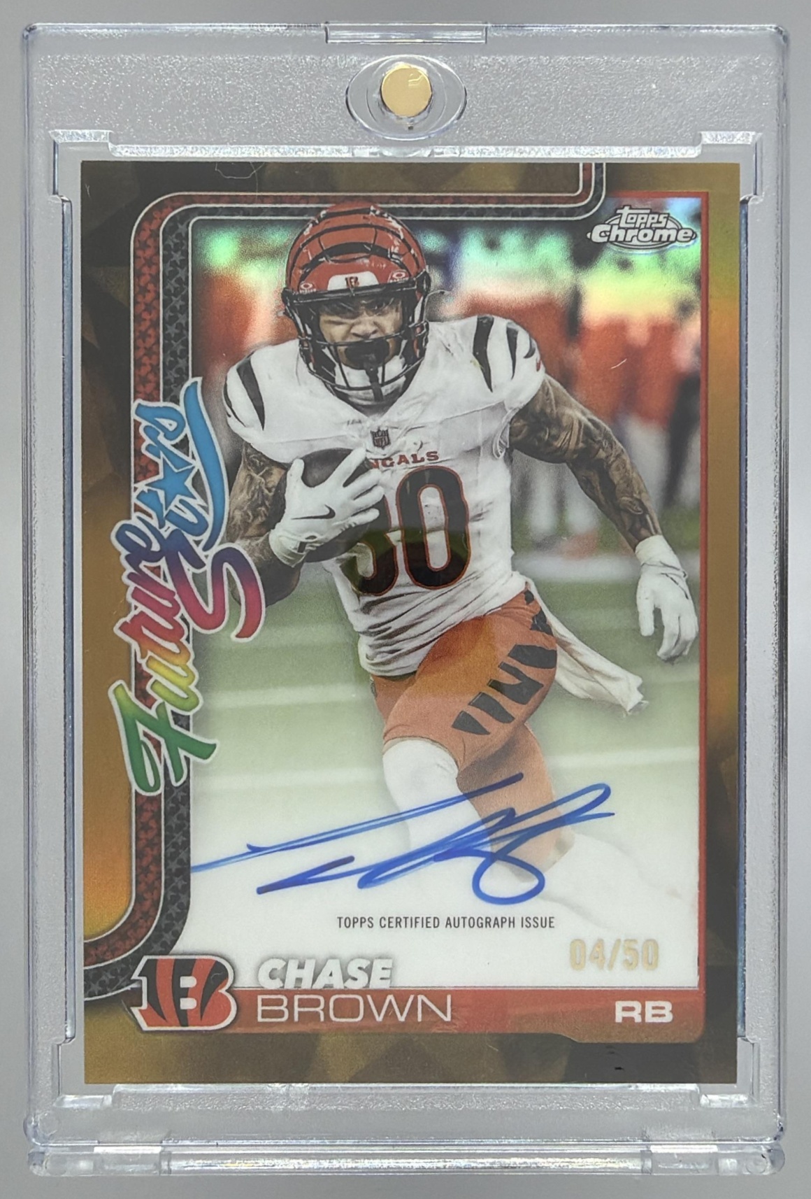 Card image for 2025 Topps Chrome Chase Brown Future Stars Auto Gold Refractor /50 #FSA-CB Bengals