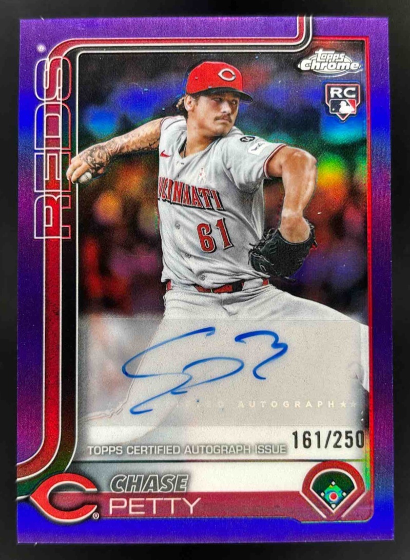 Card image for 2025 Topps Chrome Update Chase Petty Auto Purple Refractor /250 #AC-CPE RC Reds