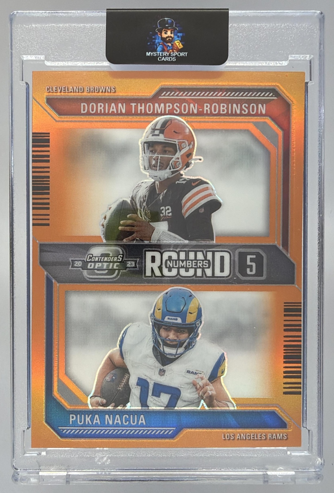 Card image for 2023 Panini Contenders Optic Dorian Thompson-Robinson Puka Nacua Round Numbers Orange /50 #RN-5 Rams Browns