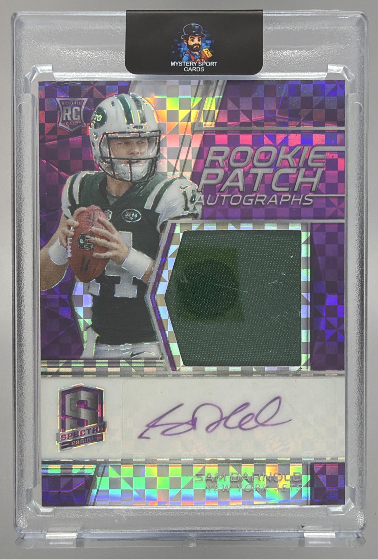 Card image for 2018 Panini Spectra Sam Darnold Rookie Patch Auto Neon Purple /50 #201 MEM RC Jets