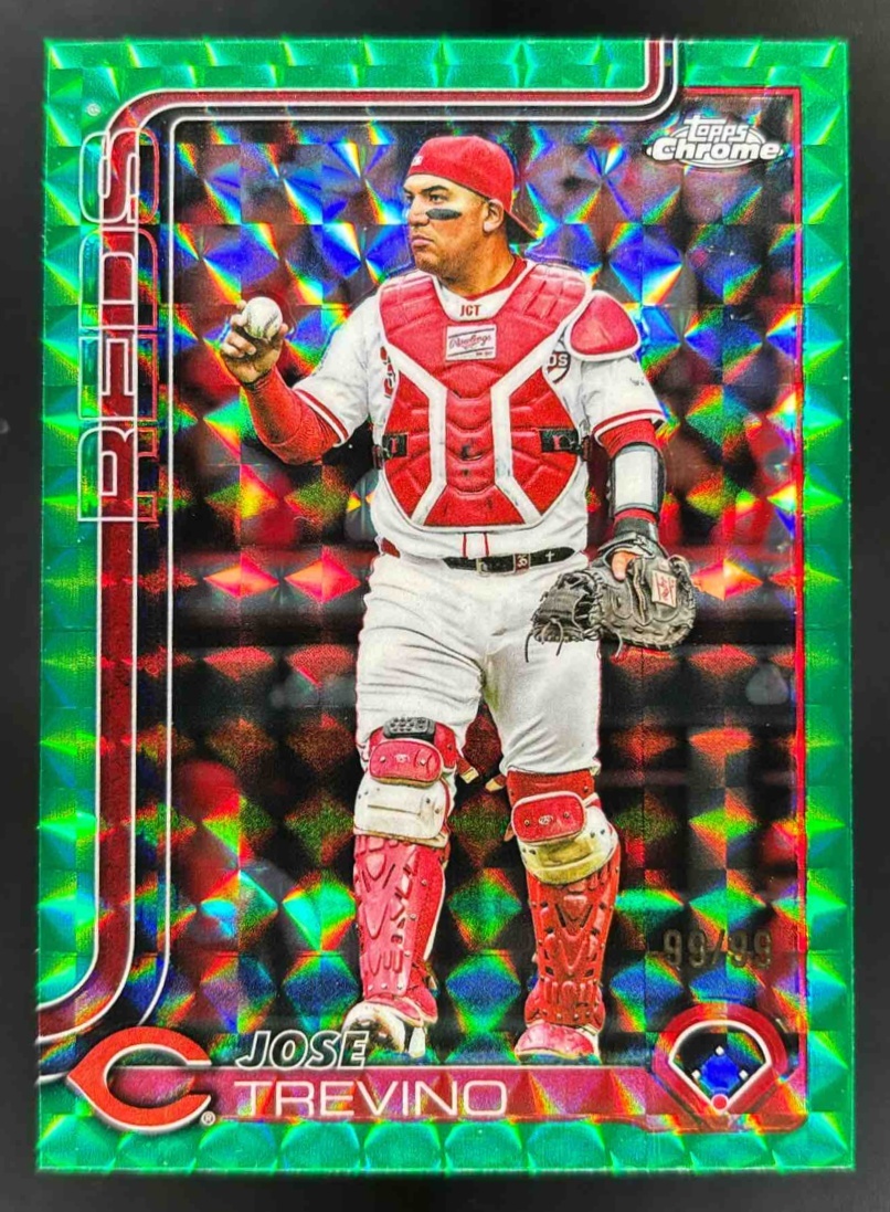 Card image for 2025 Topps Chrome Update Jose Trevino Green Geometric Refractor /99 #USC2 Reds