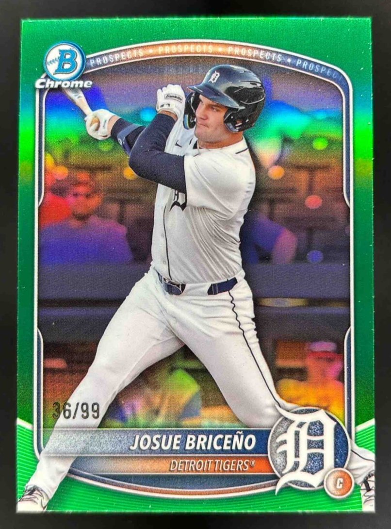 Card image for 2025 Bowman Draft Josue Briceno Chrome Green Refractor /99 #BDC-60 Tigers