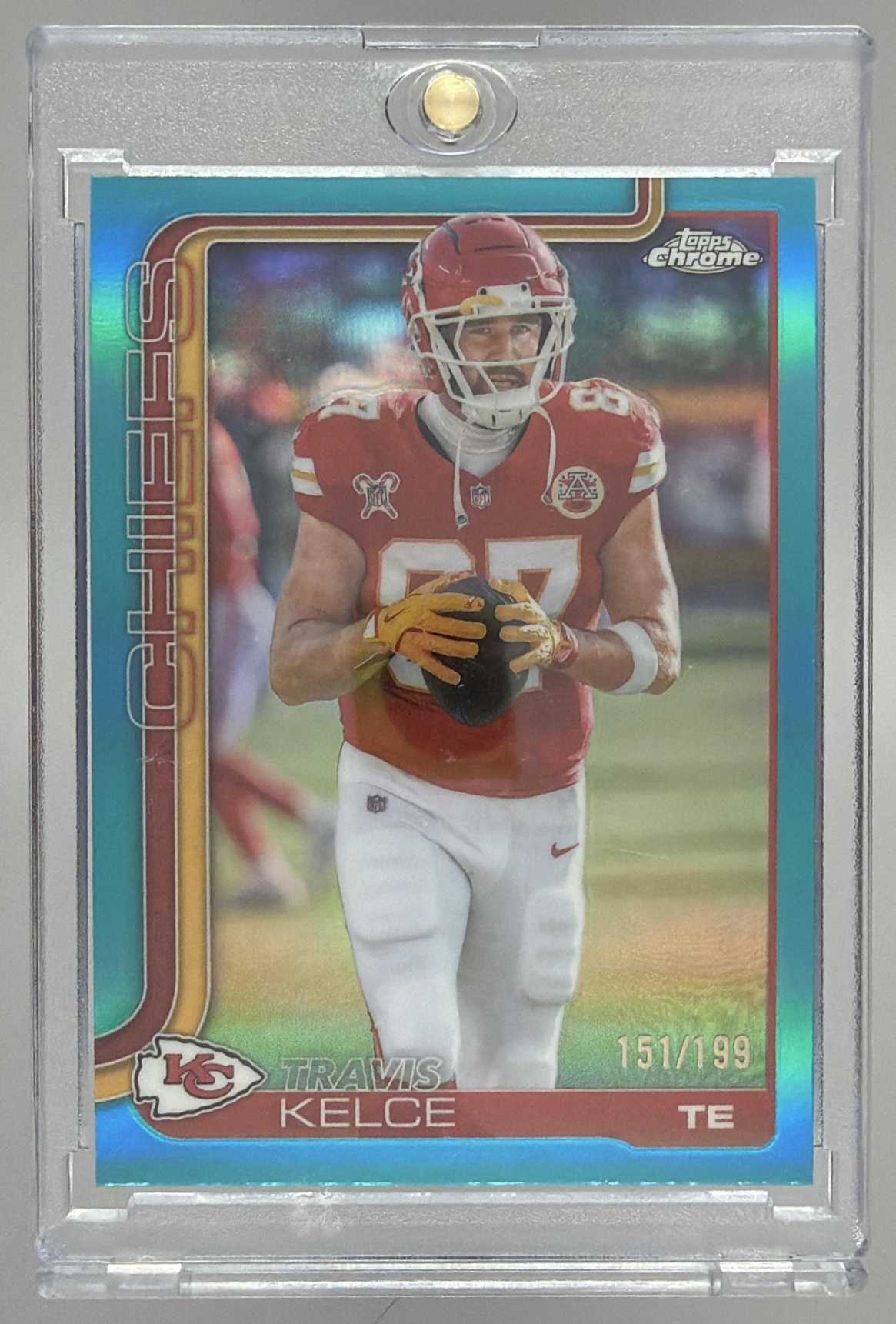 Card image for 2025 Topps Chrome Travis Kelce Aqua Refractor /199 #150 Chiefs