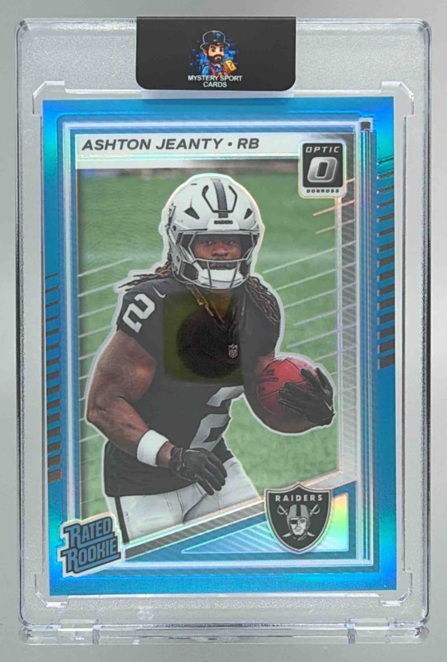 Card image for 2025 Panini Donruss Optic Ashton Jeanty Rated Rookie Aqua Prizm /349 #202 Raiders