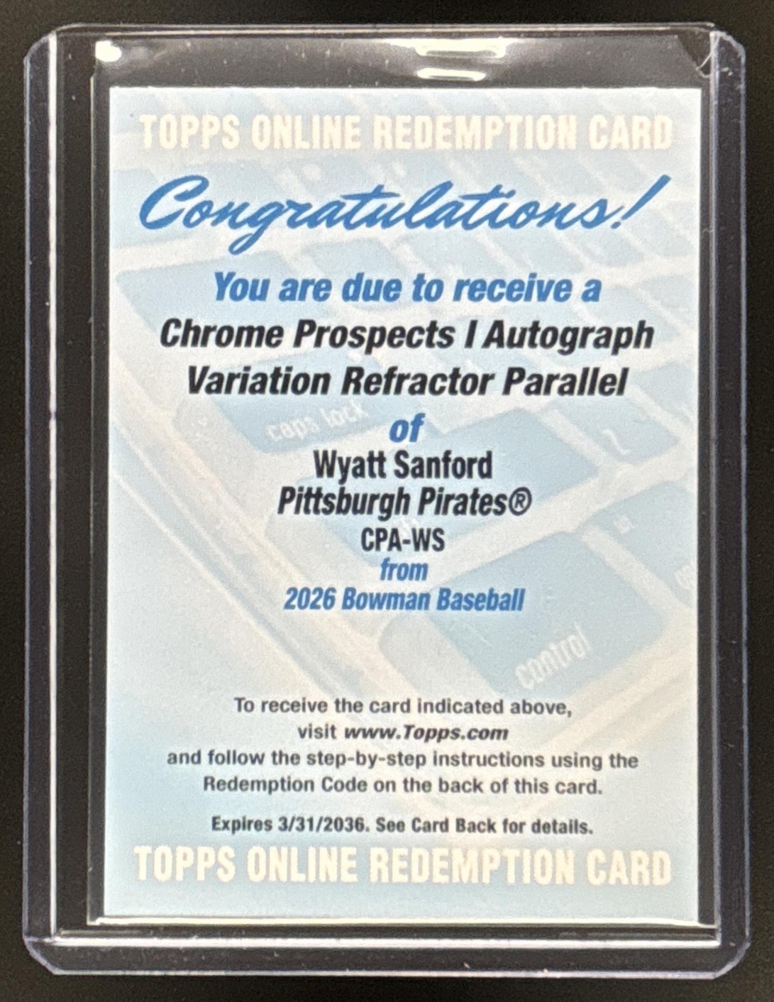 Card image for Wyatt Sanford 2026 Bowman Refractor /499 Chrome Prospect Auto Pittsburgh Pirates