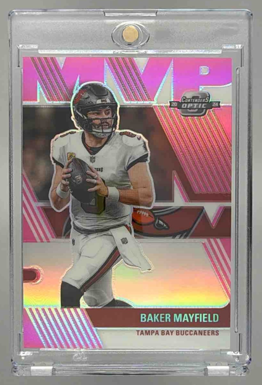 Card image for 2024 Panini Contenders Optic Baker Mayfield MVP Pink Prizm /75 #MVP-BYD Buccaneers
