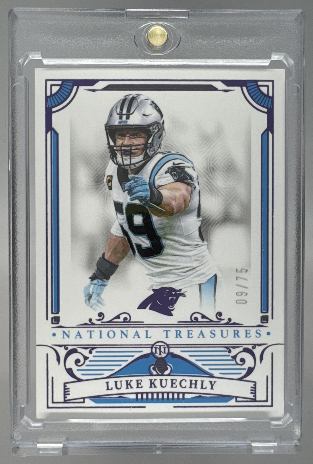 Card image for 2025 Panini Football National Treasures Luke Kuechly /99 #14 Carolina Panthers