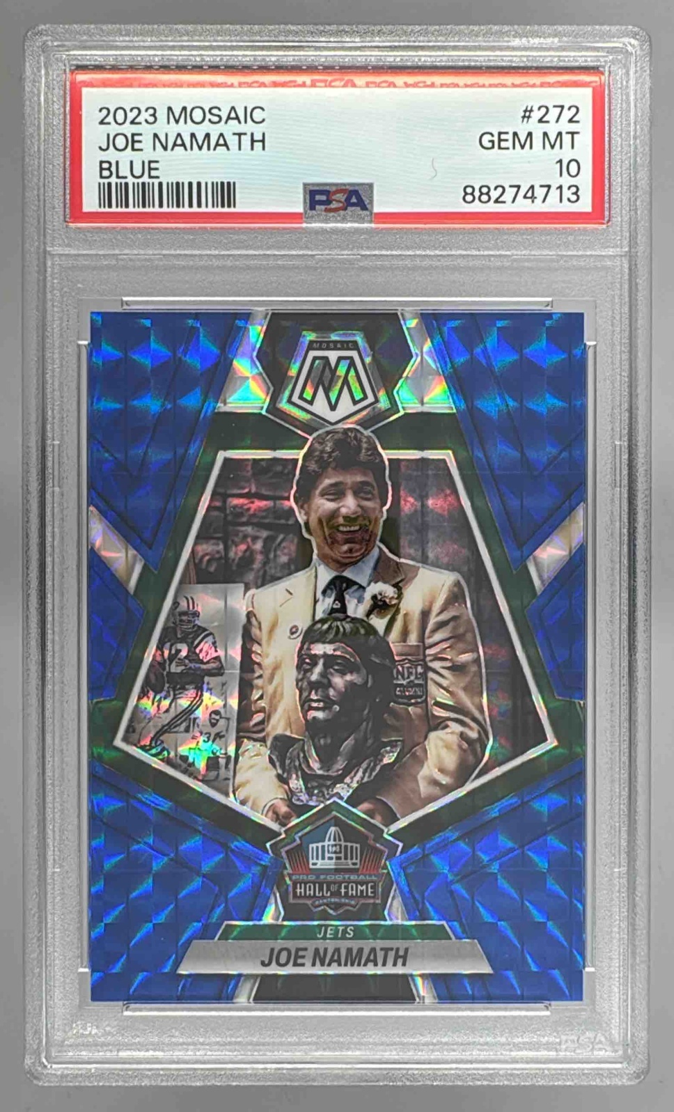 Card image for 2023 Panini Mosaic Joe Namath Blue Mosaic Prizm /99 #272 Hall of Fame Jets