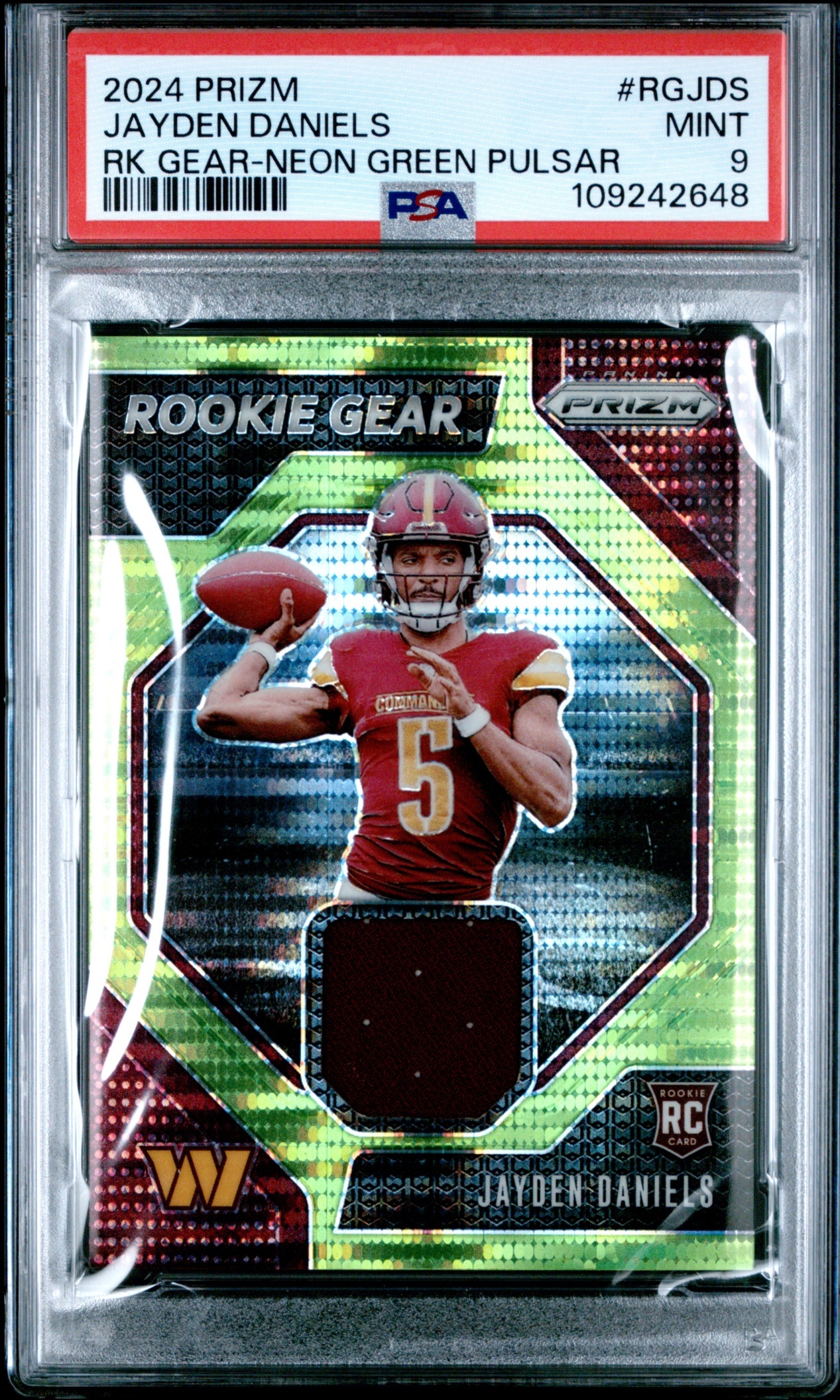 Card image for 2024 Panini Prizm Jayden Daniels Rookie Gear Neon Green Pulsar #RG-JDS MEM RC Commanders