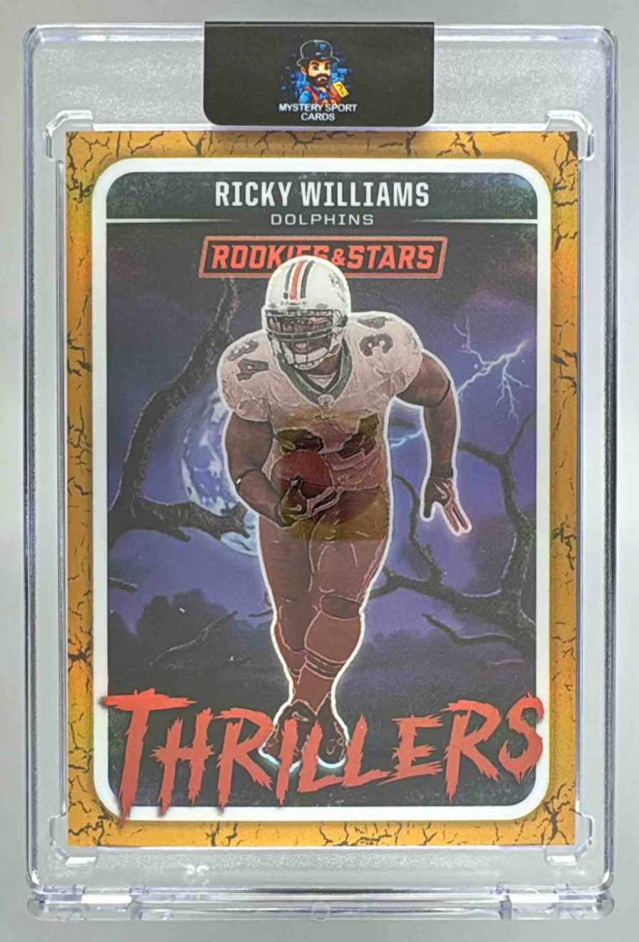 Card image for 2025 Panini Rookies & Stars Ricky Williams Thrillers Gold Lazer /10 #16 Dolphins