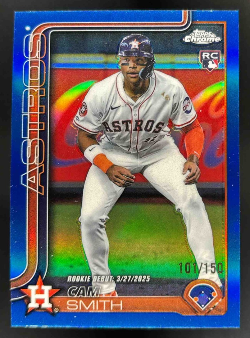 Card image for 2025 Topps Chrome Update Cam Smith Blue Refractor /150 #USC19 Astros