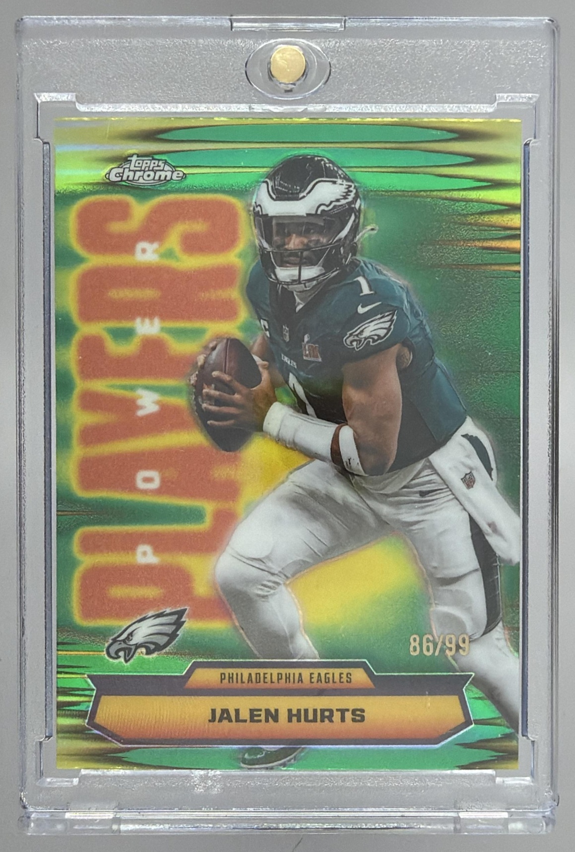 Card image for 2025 Topps Chrome Jalen Hurts Power Players Green Refractor /99 #PP-4 Eagles